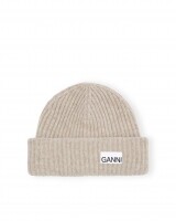 ganni light structured rib knit beanie zand