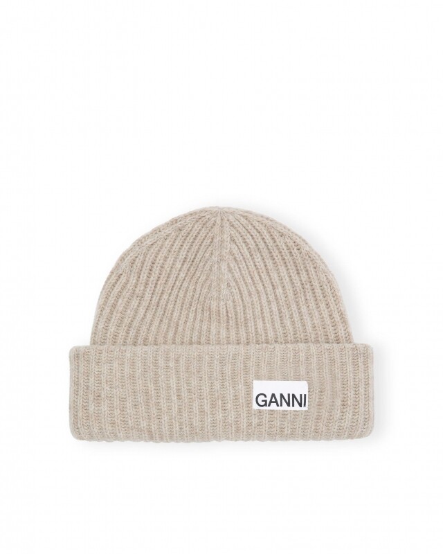 ganni light structured rib knit beanie zand