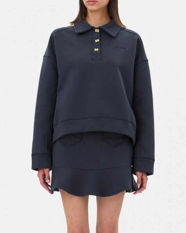 ganni heavy fleece drop shoulder polo navy