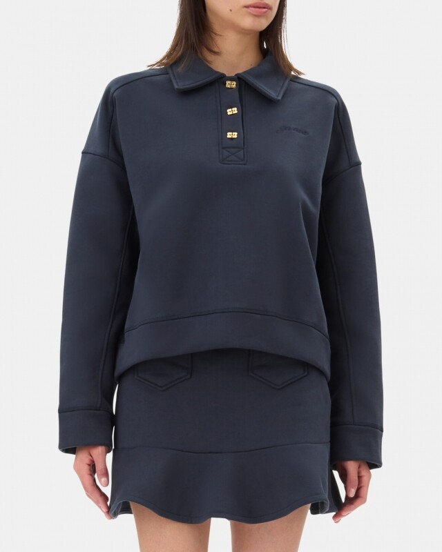 ganni heavy fleece drop shoulder polo navy