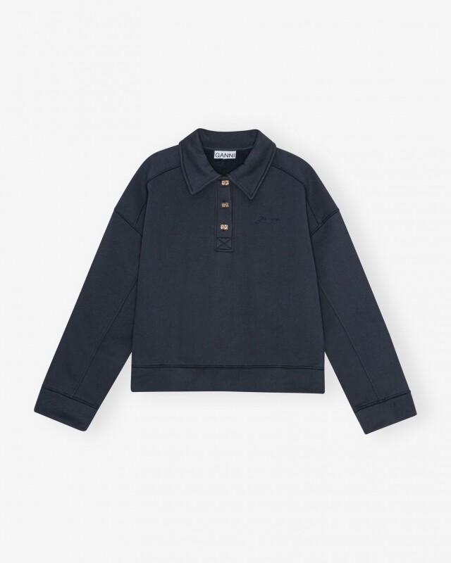 ganni heavy fleece drop shoulder polo navy